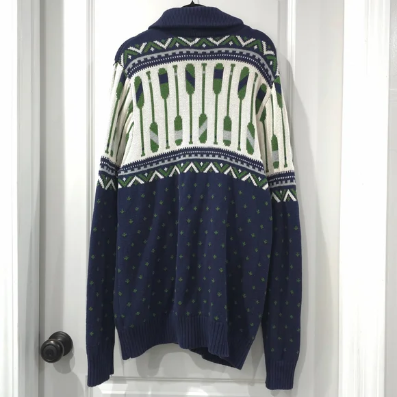 MERONA Fisherman Shawl Collar Navy Green Knit Cardigan Rowing Oar Nautical, L - Picture 7 of 11